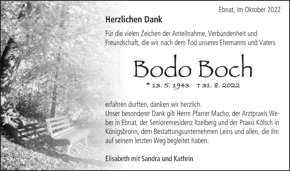  Traueranzeige für Bodo Boch vom 19.10.2022 aus Schwäbische Post