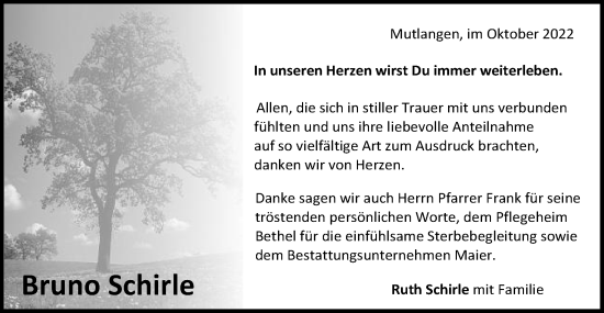 Traueranzeige von Bruno Schirle von Gmünder Tagespost