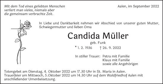 Traueranzeige von Candida Müller von Schwäbische Post