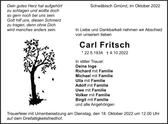 Traueranzeige von Carl Fritsch von Gmünder Tagespost