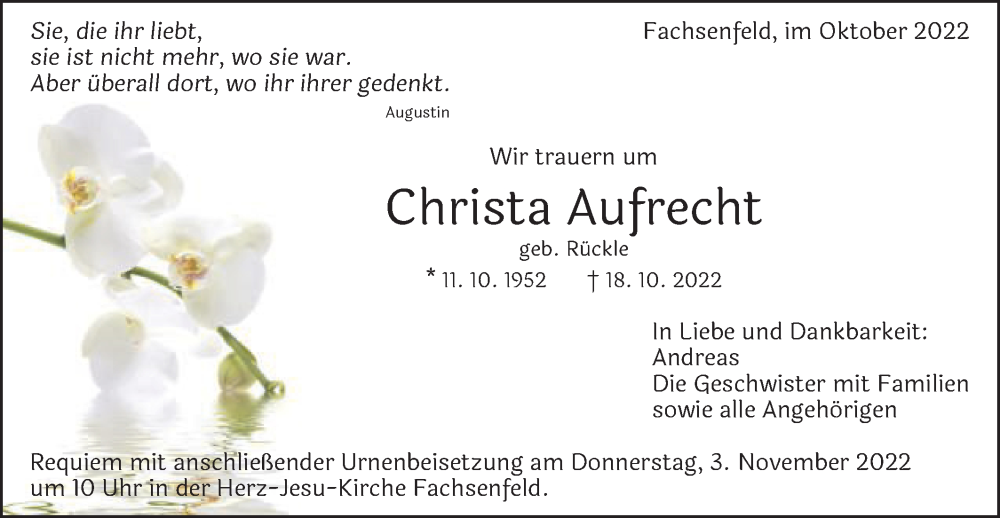  Traueranzeige für Christa Aufrecht vom 29.10.2022 aus Schwäbische Post