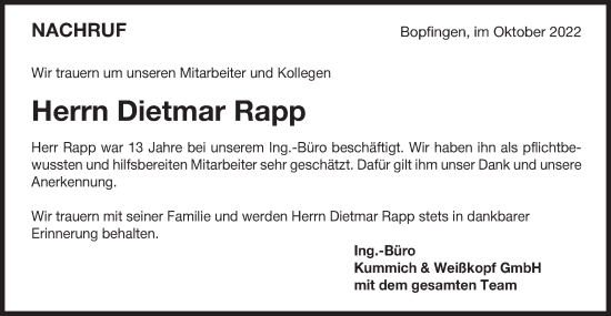 Traueranzeige von Dietmar Rapp von Schwäbische Post