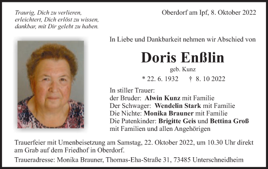 Traueranzeige von Doris Enßlin von Schwäbische Post