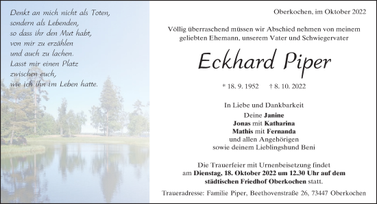 Traueranzeige von Eckhard Piper von Amtsblatt_Oko