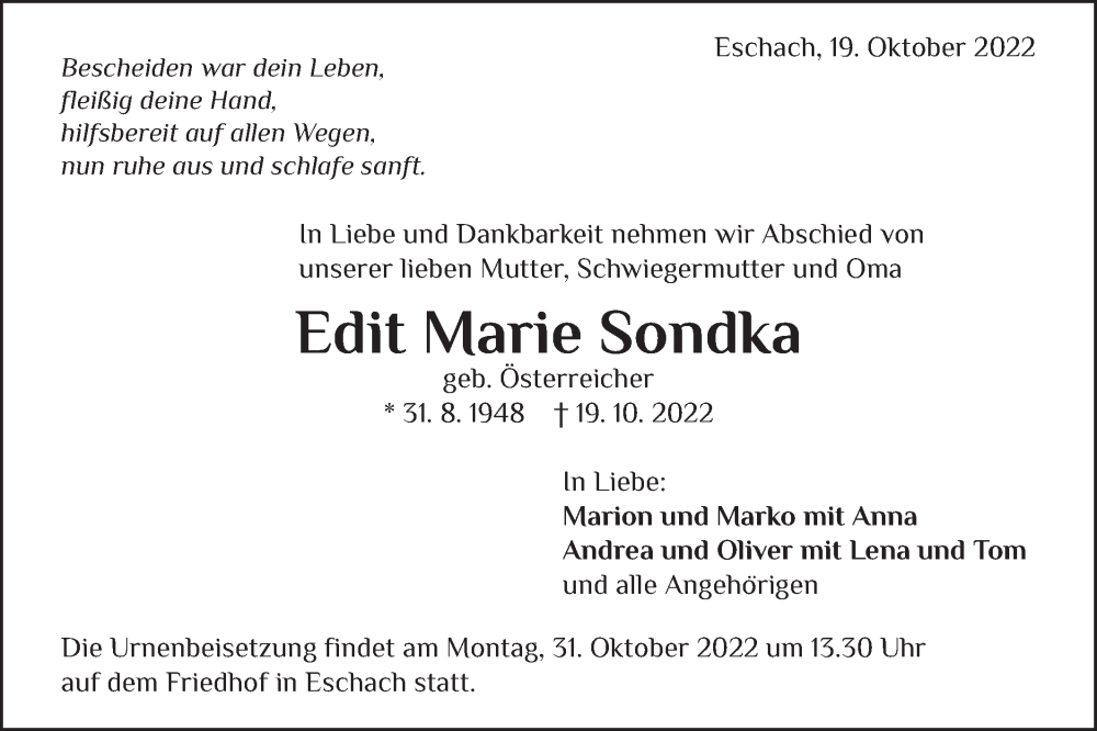 Traueranzeige für Edit Marie Sondka vom 25.10.2022 aus Gmünder Tagespost