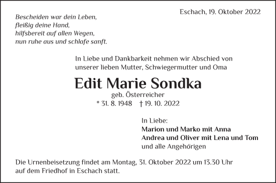 Traueranzeige von Edit Marie Sondka von Gmünder Tagespost