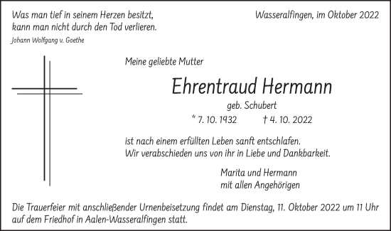 Traueranzeige von Ehrentraud Hermann von Schwäbische Post