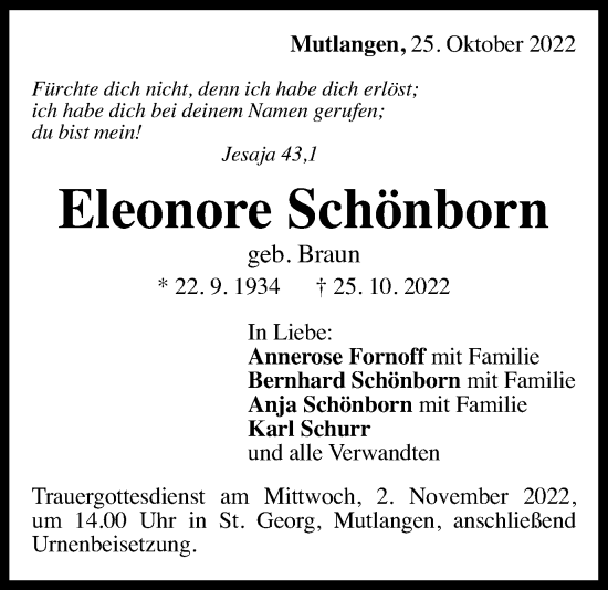 Traueranzeige von Eleonore Schönborn von Gmünder Tagespost