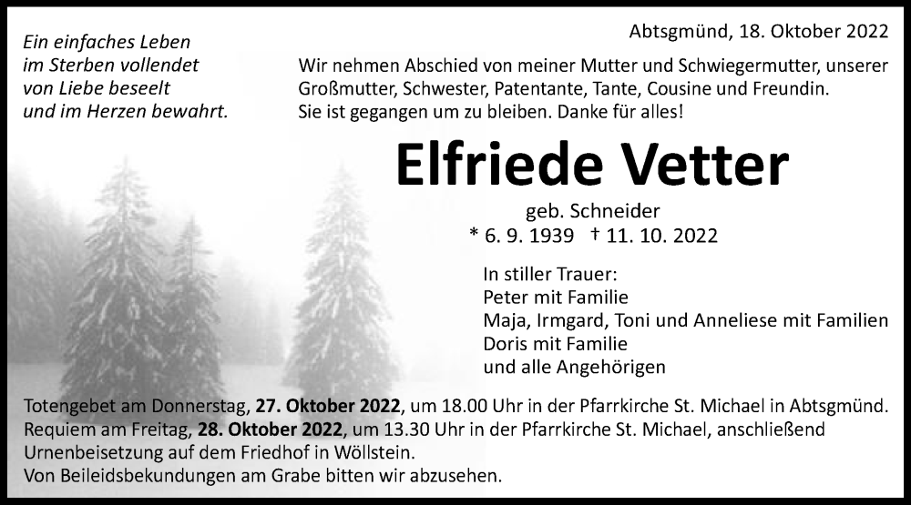  Traueranzeige für Elfriede Vetter vom 18.10.2022 aus Schwäbische Post