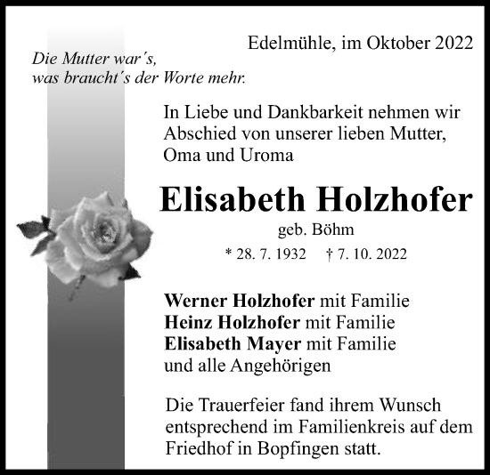 Traueranzeige von Elisabeth Holzhofer von Schwäbische Post