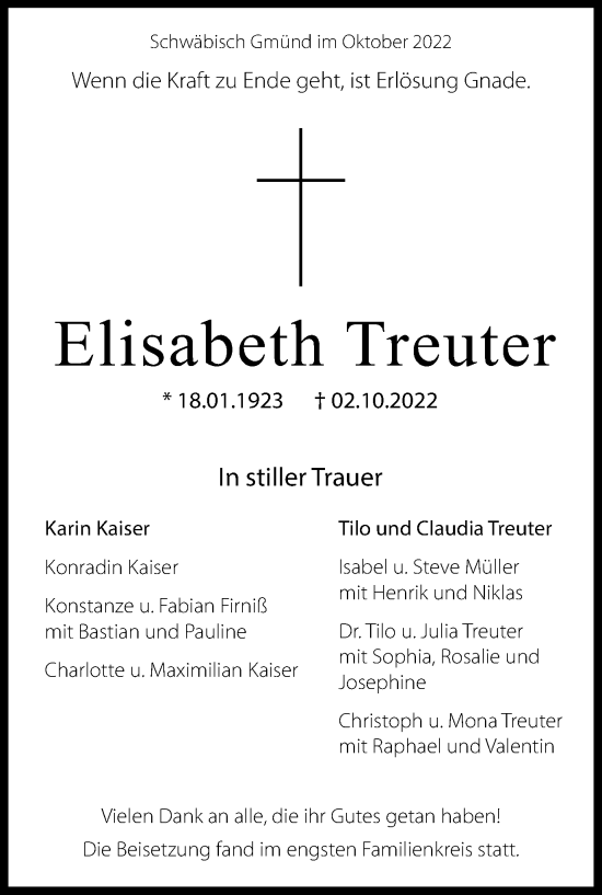 Traueranzeige von Elisabeth Treuter von Gmünder Tagespost