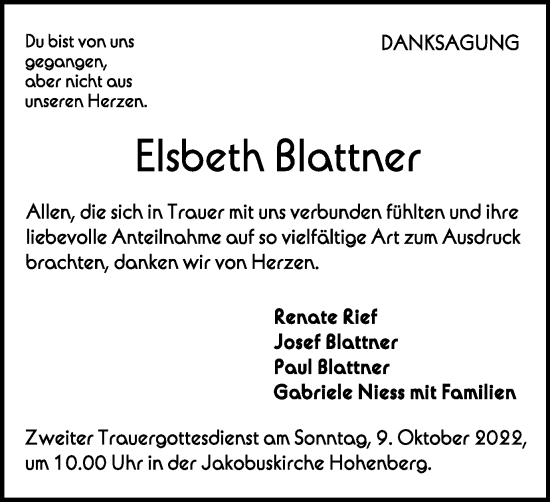 Traueranzeige von Elsbeth Blattner von Schwäbische Post