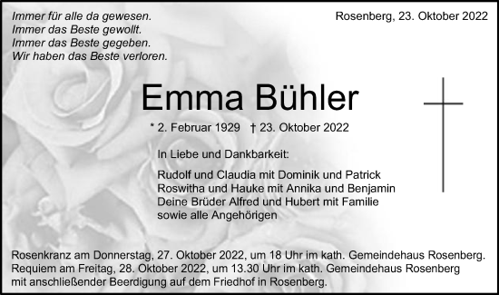 Traueranzeige von Emma Bühler von Schwäbische Post