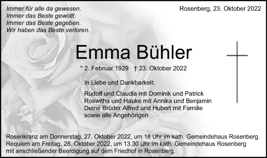 Traueranzeige von Emma Bühler