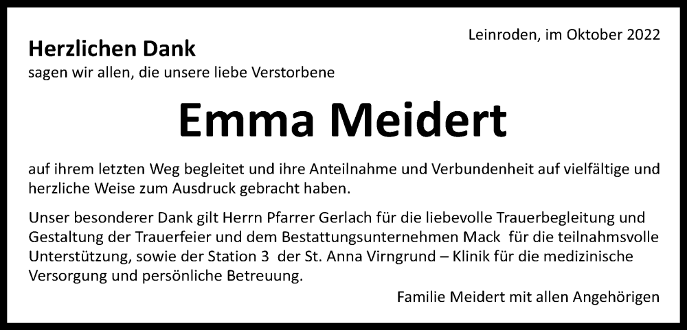  Traueranzeige für Emma Meidert vom 25.10.2022 aus Schwäbische Post
