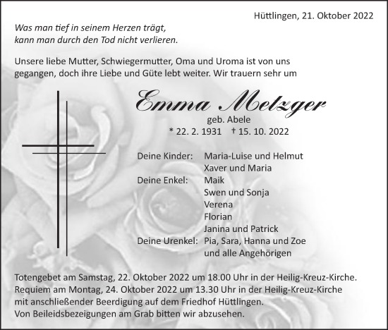 Traueranzeige von Emma Metzger von Schwäbische Post