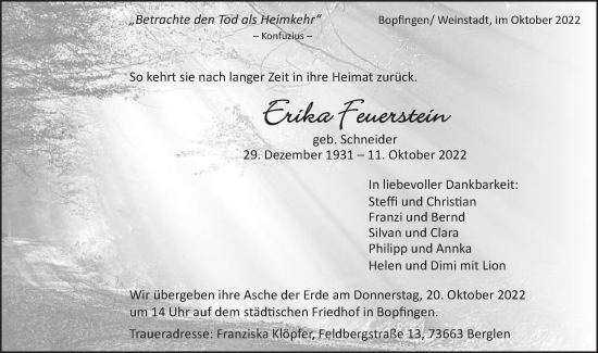 Traueranzeige von Erika Feuerstein von Schwäbische Post
