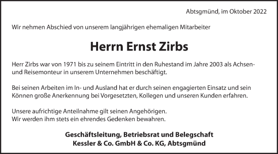 Traueranzeige von Ernst Zirbs von Schwäbische Post