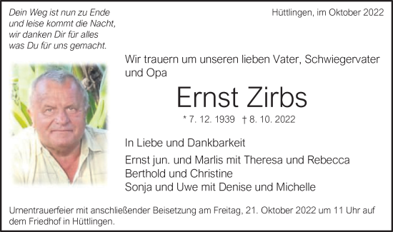 Traueranzeige von Ernst Zirbs von Schwäbische Post
