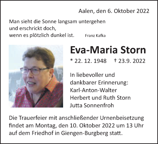 Traueranzeige von Eva-Maria Storn von Schwäbische Post