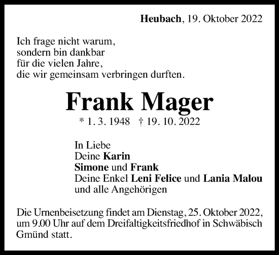 Traueranzeige von Frank Mager von Gmünder Tagespost