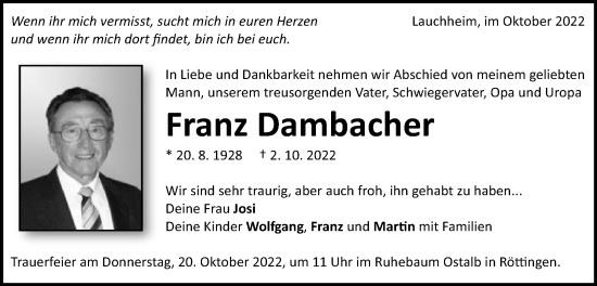 Traueranzeige von Franz Dambacher von Schwäbische Post