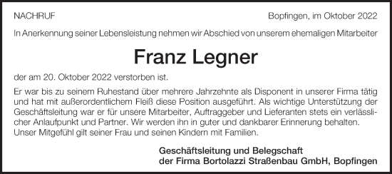 Traueranzeige von Franz Legner von Schwäbische Post
