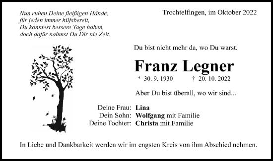 Traueranzeige von Franz Legner von Schwäbische Post