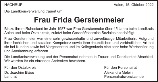 Traueranzeige von Frida Gerstenmeier von Schwäbische Post