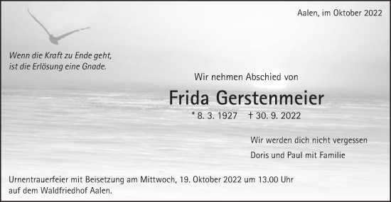 Traueranzeige von Frida Gerstenmeier von Schwäbische Post