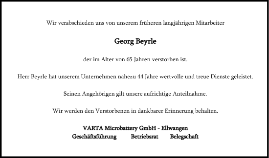 Traueranzeige von Georg Beyrle von Schwäbische Post