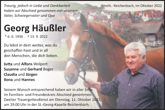 Traueranzeige von Georg Häußler von Schwäbische Post
