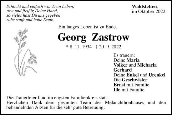 Traueranzeige von Georg Zastrow von Gmünder Tagespost
