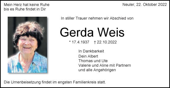 Traueranzeige von Gerda Weis von Schwäbische Post