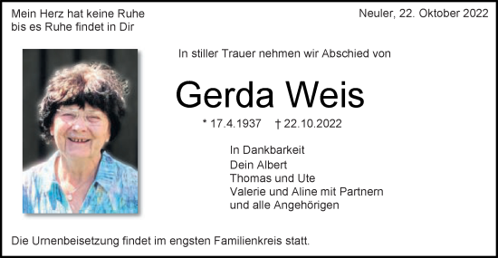 Traueranzeige von Gerda Weis