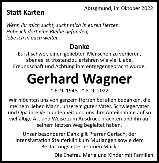 Traueranzeige von Gerhard Wagner von Schwäbische Post