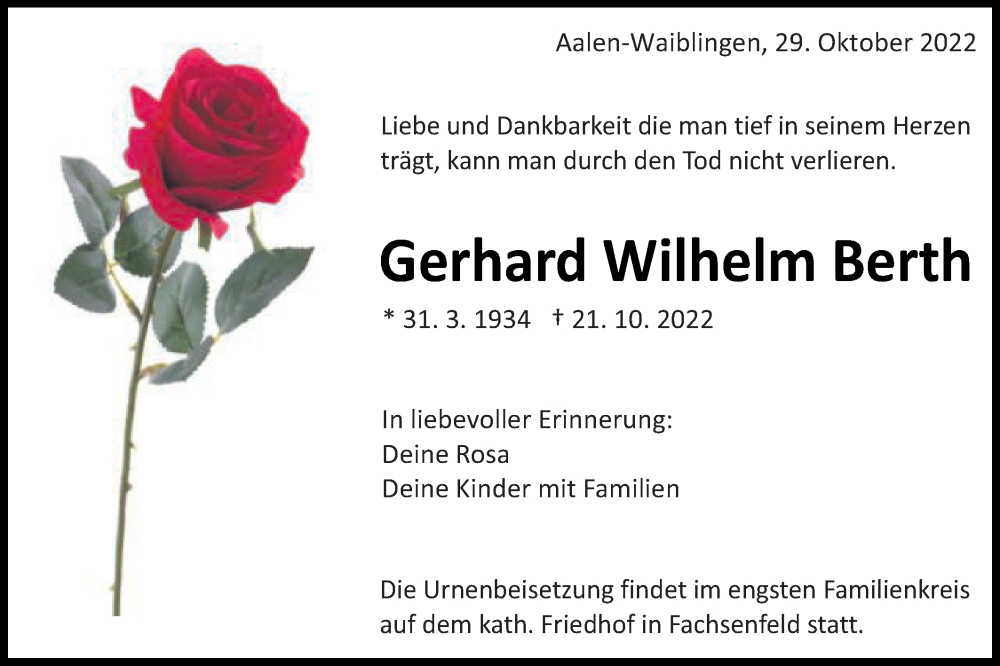  Traueranzeige für Gerhard Wilhelm Berth vom 29.10.2022 aus Schwäbische Post
