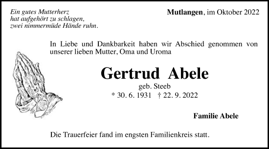 Traueranzeige von Gertrud Abele von Gmünder Tagespost
