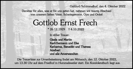 Traueranzeige von Gottlob Ernst Frech von Schwäbische Post