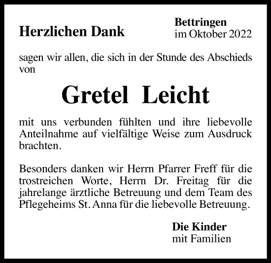 Traueranzeige von Gretel Leicht von Gmünder Tagespost