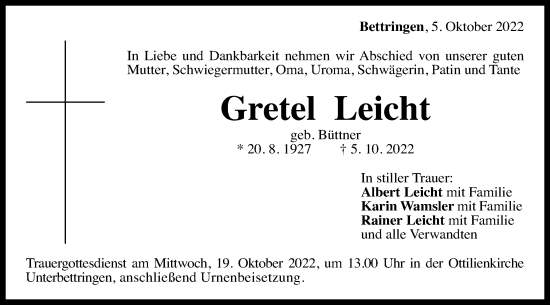 Traueranzeige von Gretel Leicht von Gmünder Tagespost