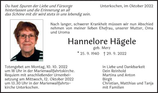 Traueranzeige von Hannelore Hägele von Schwäbische Post