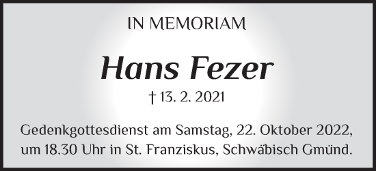 Traueranzeige von Hans Fezer von Gmünder Tagespost
