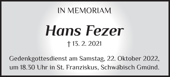 Traueranzeige von Hans Fezer