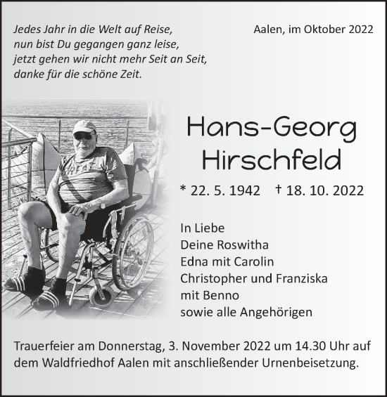 Traueranzeige von Hans-Georg Hirschfeld von Schwäbische Post