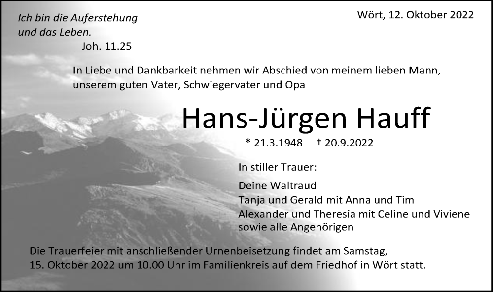  Traueranzeige für Hans-Jürgen Hauff vom 12.10.2022 aus Schwäbische Post