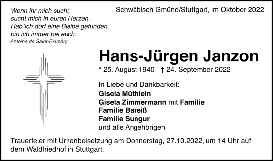 Traueranzeige von Hans-Jürgen Janzon von Gmünder Tagespost