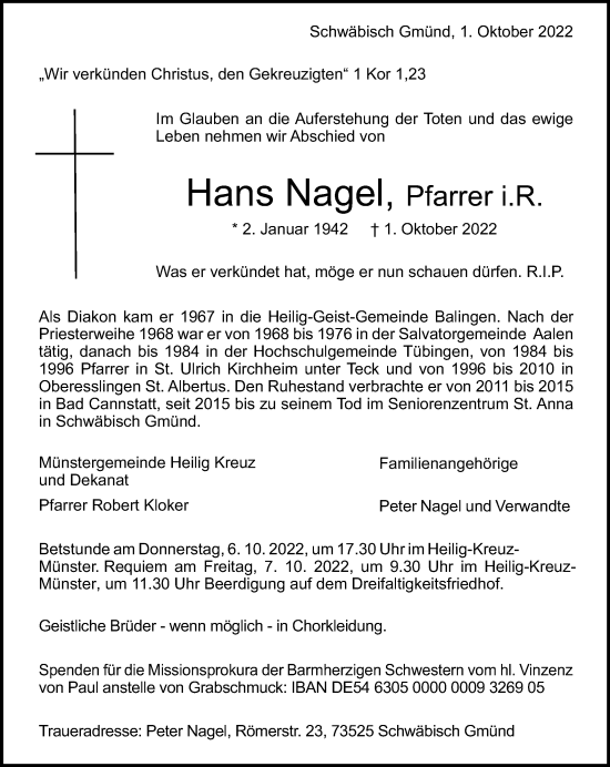Traueranzeige von Hans Nagel von Gmünder Tagespost