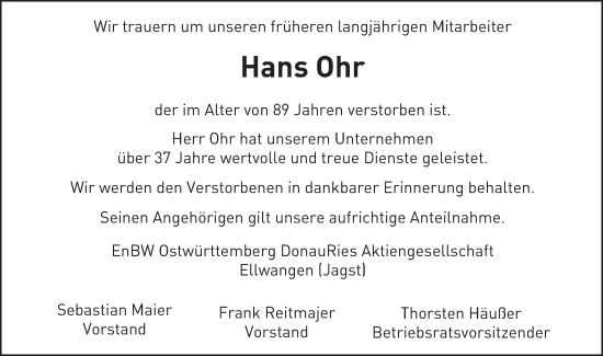 Traueranzeige von Hans Ohr  von Schwäbische Post