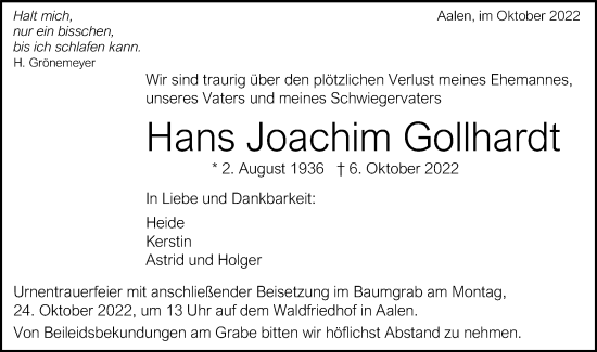 Traueranzeige von Hans Joachim Gollhardt von Schwäbische Post
